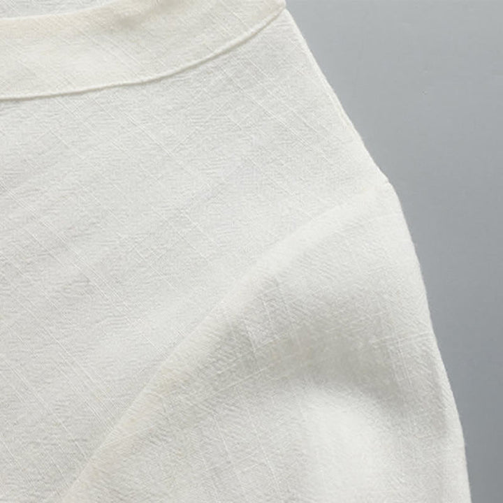 Buddha Stones Summer Solid Frog Button V-neck Auspicious Cloud Embroidery Cotton Linen Men's Short Sleeve Shirt - image 5