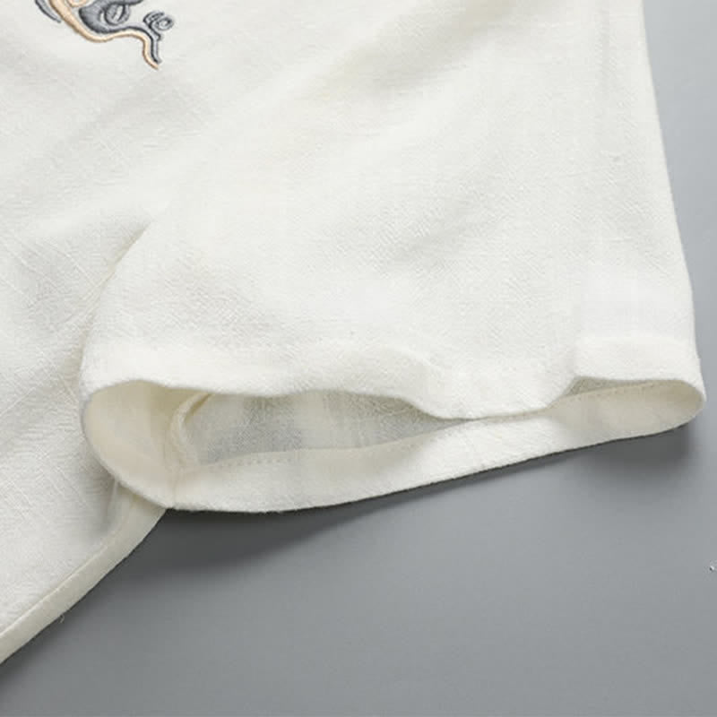 Buddha Stones Summer Solid Frog Button V-neck Auspicious Cloud Embroidery Cotton Linen Men's Short Sleeve Shirt - image 6