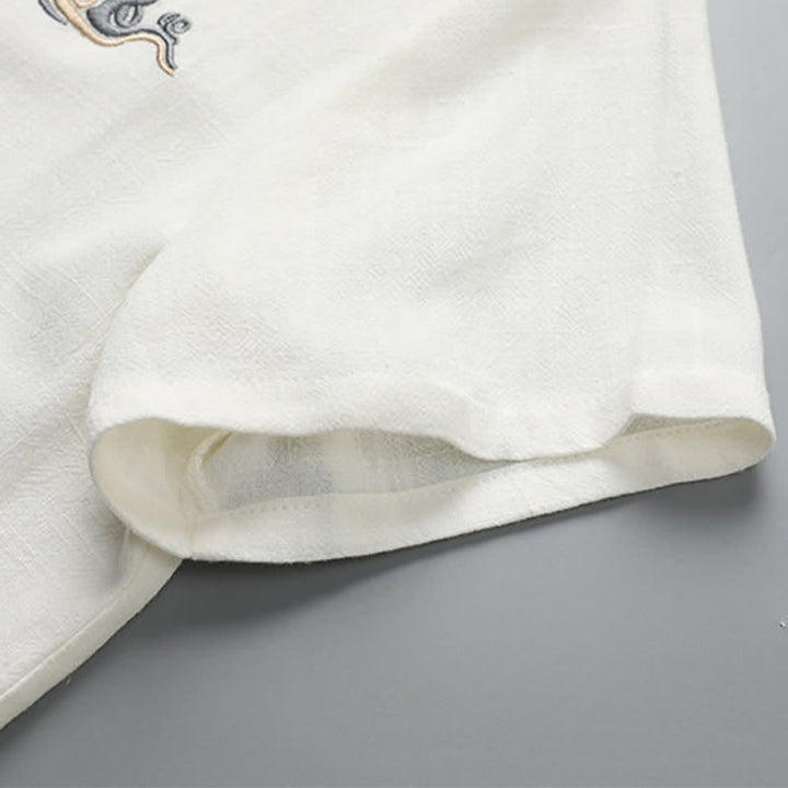 Buddha Stones Summer Solid Frog Button V-neck Auspicious Cloud Embroidery Cotton Linen Men's Short Sleeve Shirt - image 6