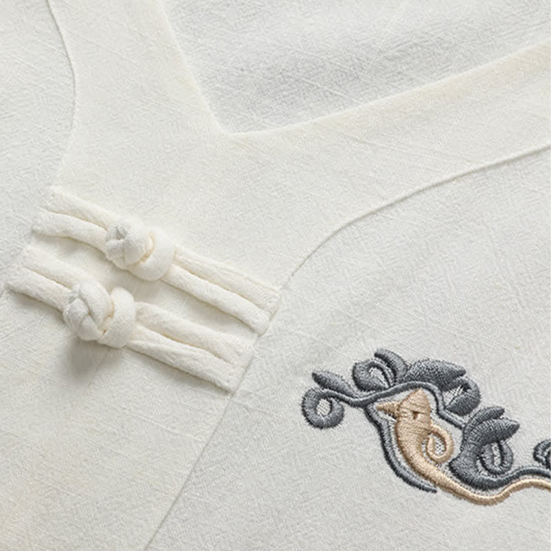 Buddha Stones Summer Solid Frog Button V-neck Auspicious Cloud Embroidery Cotton Linen Men's Short Sleeve Shirt - image 3