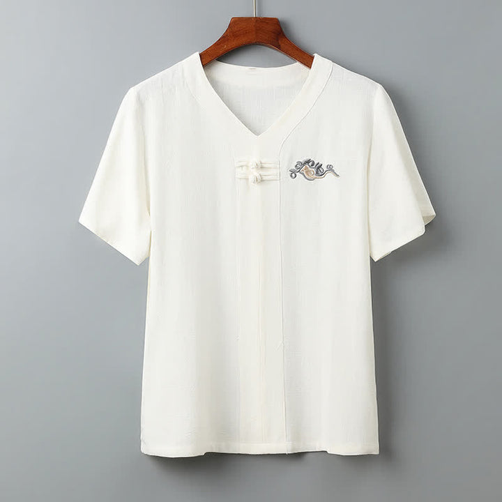 Buddha Stones Summer Solid Frog Button V-neck Auspicious Cloud Embroidery Cotton Linen Men's Short Sleeve Shirt - image 8