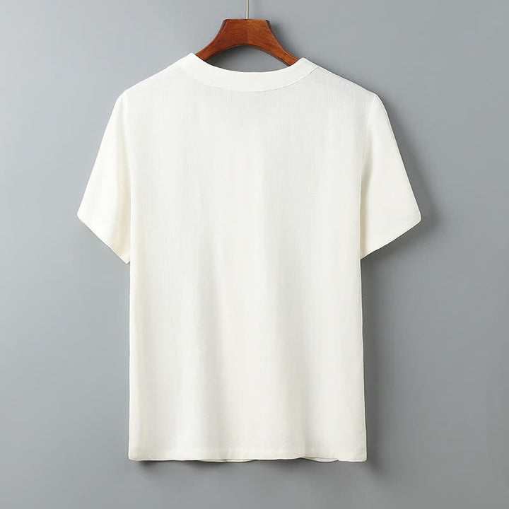 Buddha Stones Summer Solid Frog Button V-neck Auspicious Cloud Embroidery Cotton Linen Men's Short Sleeve Shirt - White - US/UK/AU38，EU48 (XL) - image 9