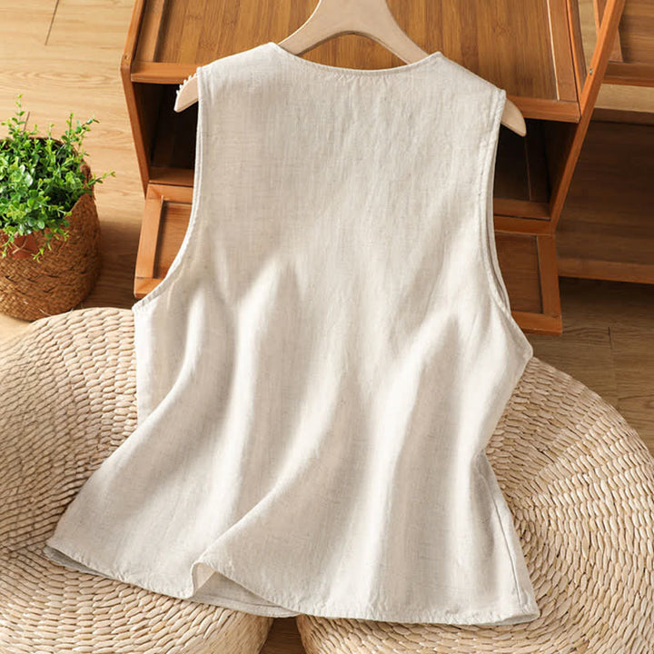 Buddha Stones Summer Embroidery Floral Women's Sleeveless Shirts With Pockets - image 1