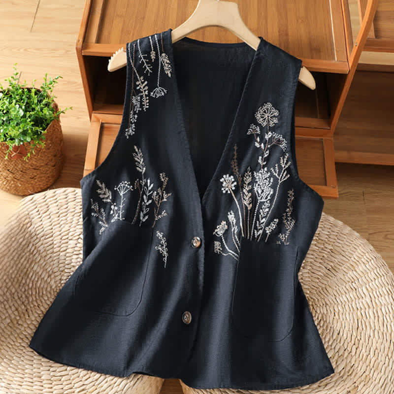 Buddha Stones Summer Embroidery Floral Women's Sleeveless Shirts With Pockets - Navy - US8-10，UK/AU12-14，EU40-42 (2XL) - image 8