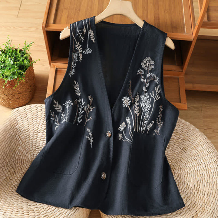 Buddha Stones Summer Embroidery Floral Women's Sleeveless Shirts With Pockets - Navy - US8-10，UK/AU12-14，EU40-42 (2XL) - image 8