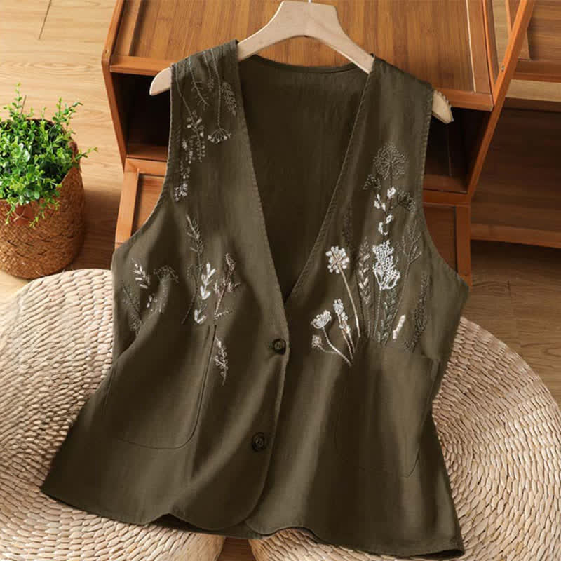 Buddha Stones Summer Embroidery Floral Women's Sleeveless Shirts With Pockets - saddlebrown - US8-10，UK/AU12-14，EU40-42 (2XL) - image 14