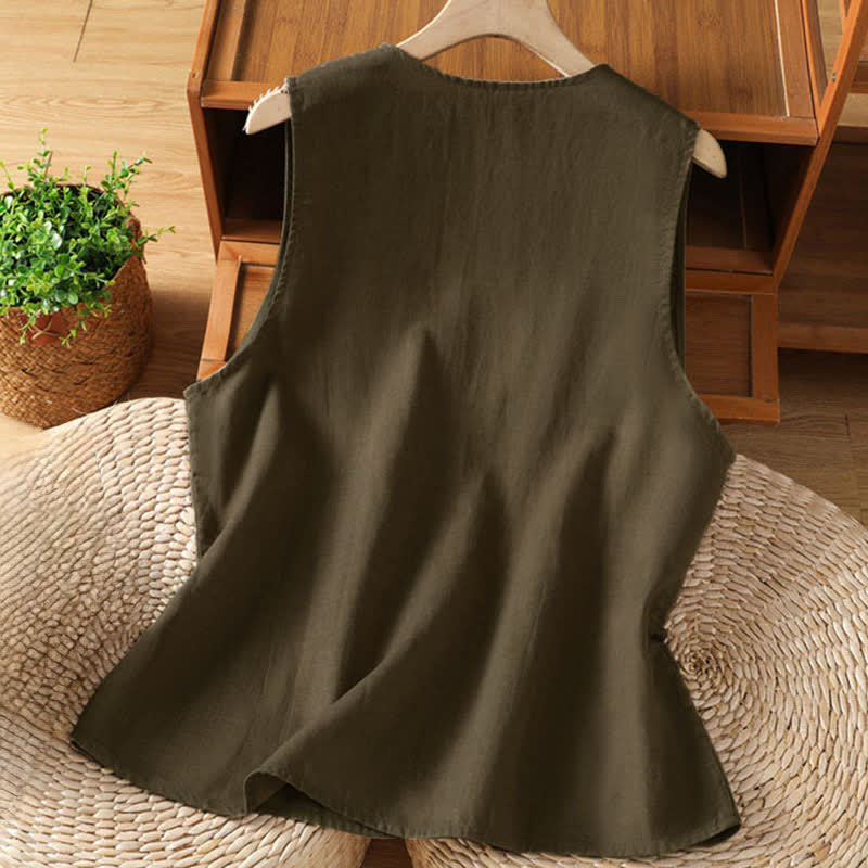 Buddha Stones Summer Embroidery Floral Women's Sleeveless Shirts With Pockets - image 15