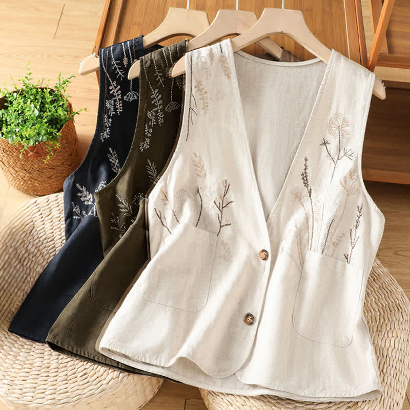 Buddha Stones Summer Embroidery Floral Women's Sleeveless Shirts With Pockets - image 22