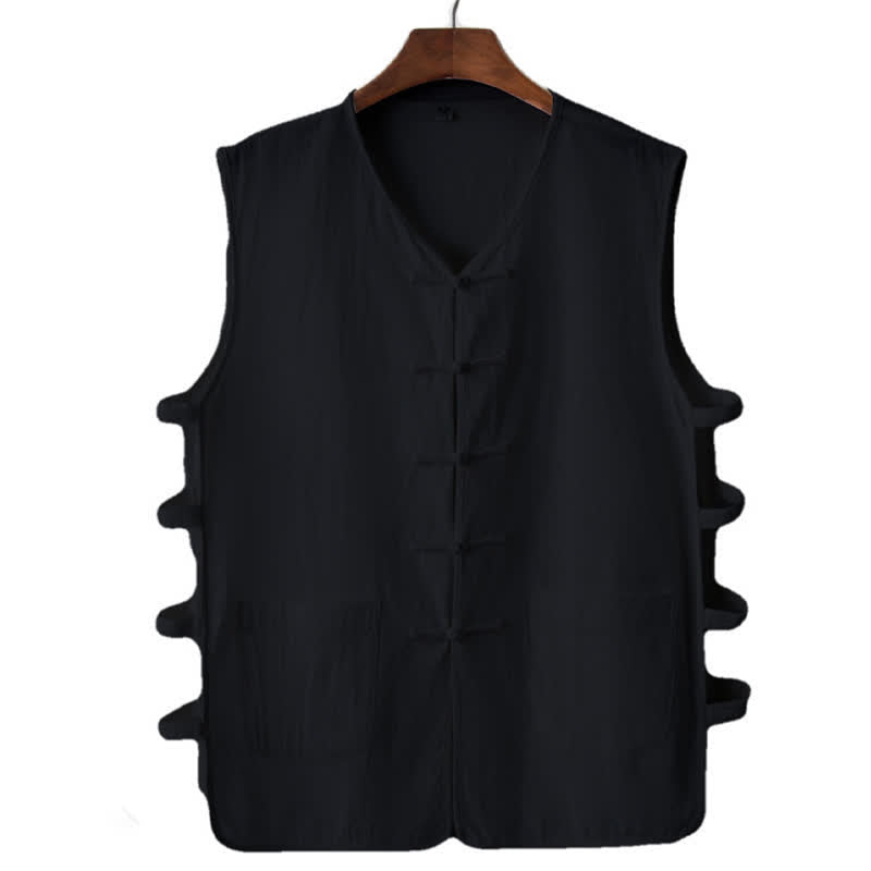 Buddha Stones Summer Tang Style Frog Button Side Slit Hollow Solid Men's Sleeveless Shirts Tank Top With Pockets - Black - US/UK/AU46，EU56 (5XL) - image 6