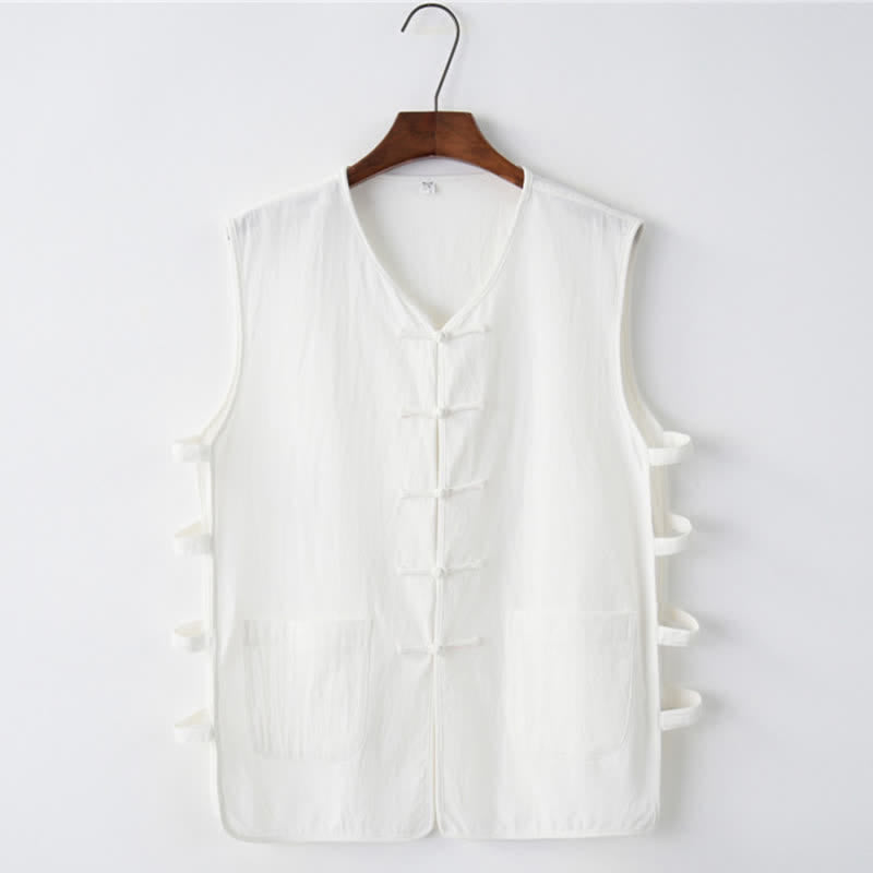 Buddha Stones Summer Tang Style Frog Button Side Slit Hollow Solid Men's Sleeveless Shirts Tank Top With Pockets - White - US/UK/AU46，EU56 (5XL) - image 7