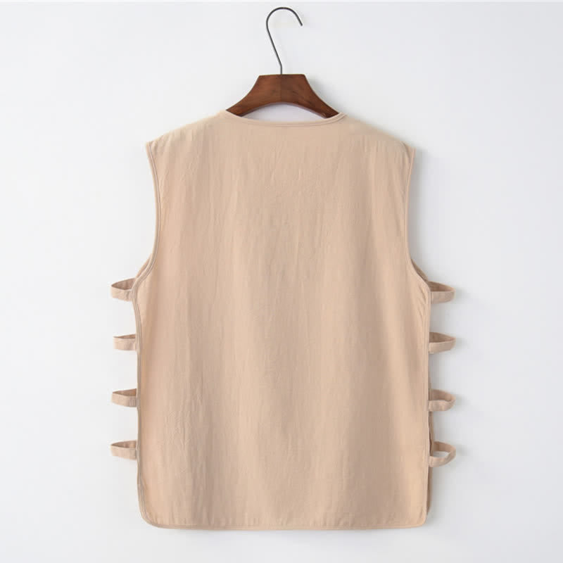 Buddha Stones Summer Tang Style Frog Button Side Slit Hollow Solid Men's Sleeveless Shirts Tank Top With Pockets - image 4