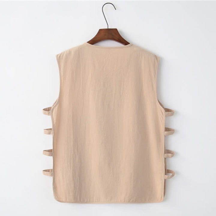 Buddha Stones Summer Tang Style Frog Button Side Slit Hollow Solid Men's Sleeveless Shirts Tank Top With Pockets - image 4