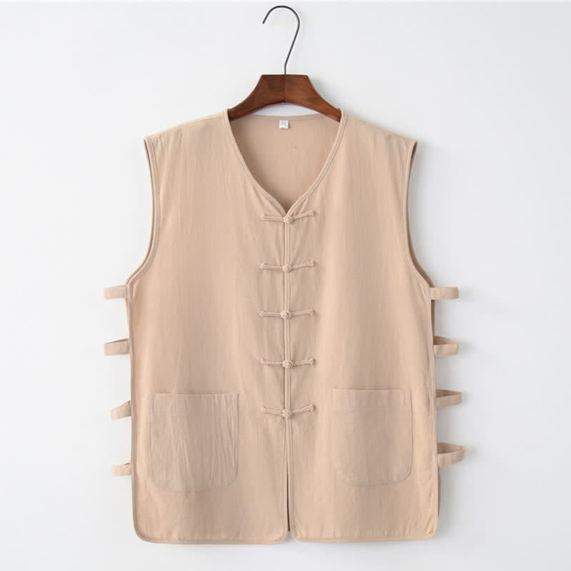 Buddha Stones Summer Tang Style Frog Button Side Slit Hollow Solid Men's Sleeveless Shirts Tank Top With Pockets - Tan - US/UK/AU46，EU56 (5XL) - image 3