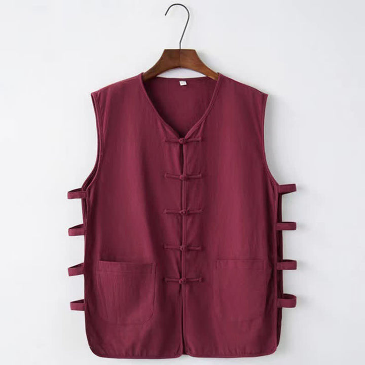 Buddha Stones Summer Tang Style Frog Button Side Slit Hollow Solid Men's Sleeveless Shirts Tank Top With Pockets - Maroon - US/UK/AU46，EU56 (5XL) - image 5