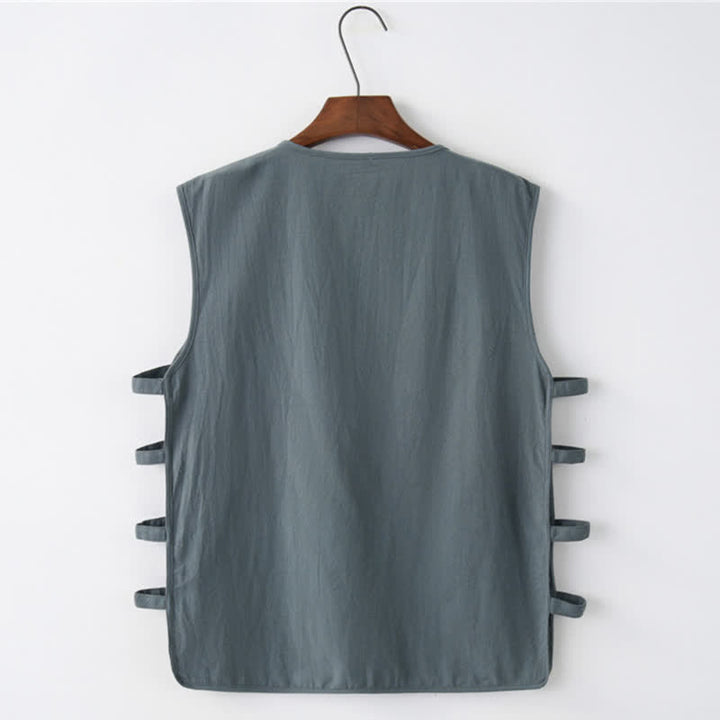 Buddha Stones Summer Tang Style Frog Button Side Slit Hollow Solid Men's Sleeveless Shirts Tank Top With Pockets - image 2