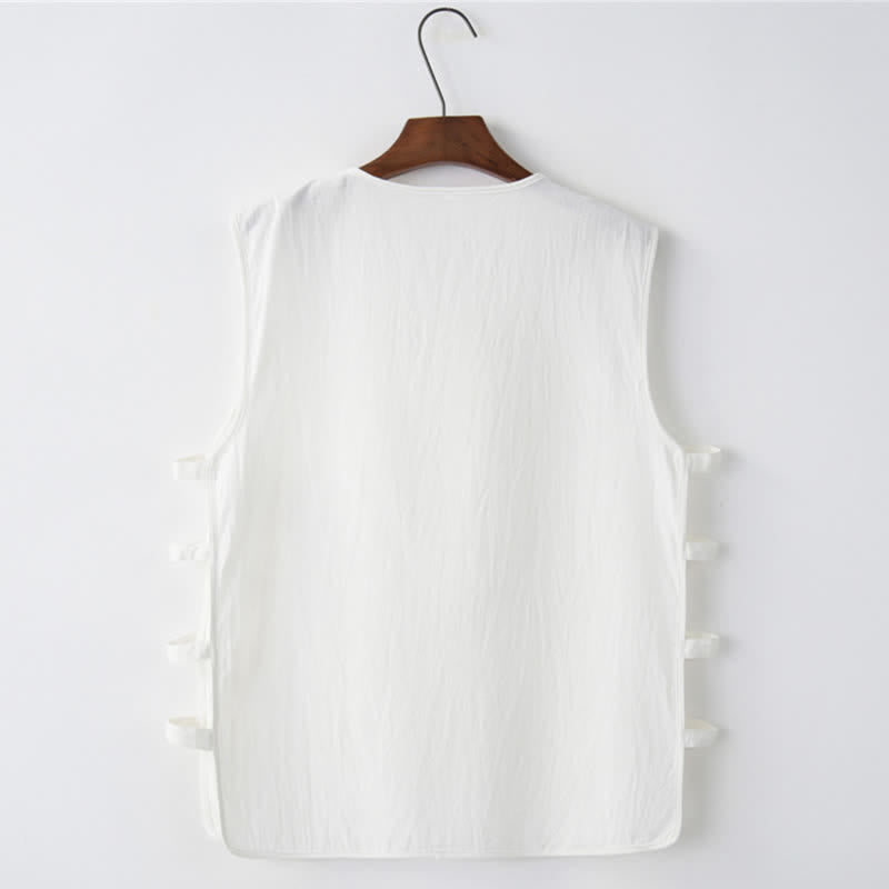 Buddha Stones Summer Tang Style Frog Button Side Slit Hollow Solid Men's Sleeveless Shirts Tank Top With Pockets - image 8