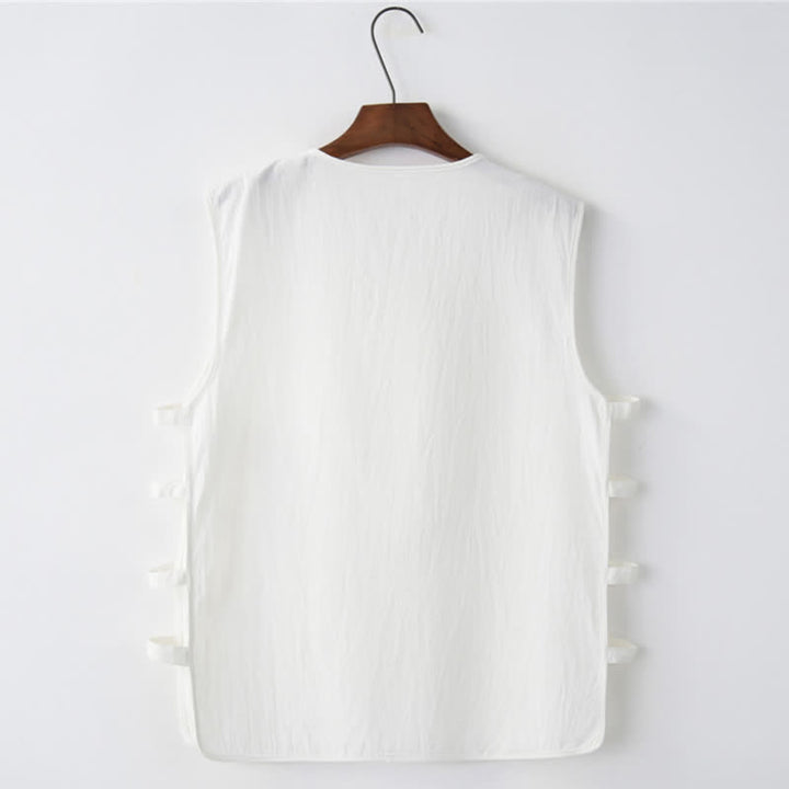 Buddha Stones Summer Tang Style Frog Button Side Slit Hollow Solid Men's Sleeveless Shirts Tank Top With Pockets - image 8