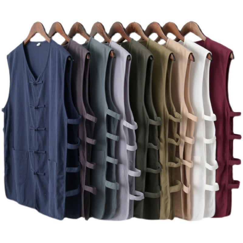 Buddha Stones Summer Tang Style Frog Button Side Slit Hollow Solid Men's Sleeveless Shirts Tank Top With Pockets - image 14