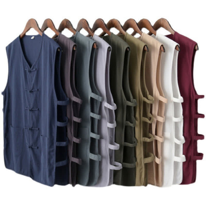 Buddha Stones Summer Tang Style Frog Button Side Slit Hollow Solid Men's Sleeveless Shirts Tank Top With Pockets - image 14