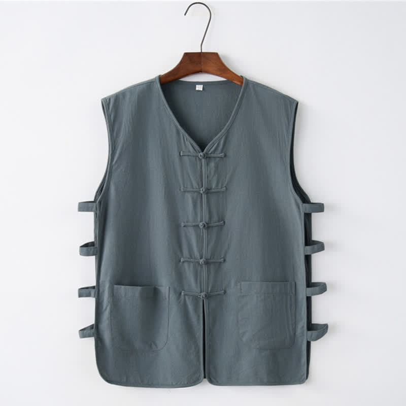 Buddha Stones Summer Tang Style Frog Button Side Slit Hollow Solid Men's Sleeveless Shirts Tank Top With Pockets - DarkGreen - US/UK/AU46，EU56 (5XL) - image 1