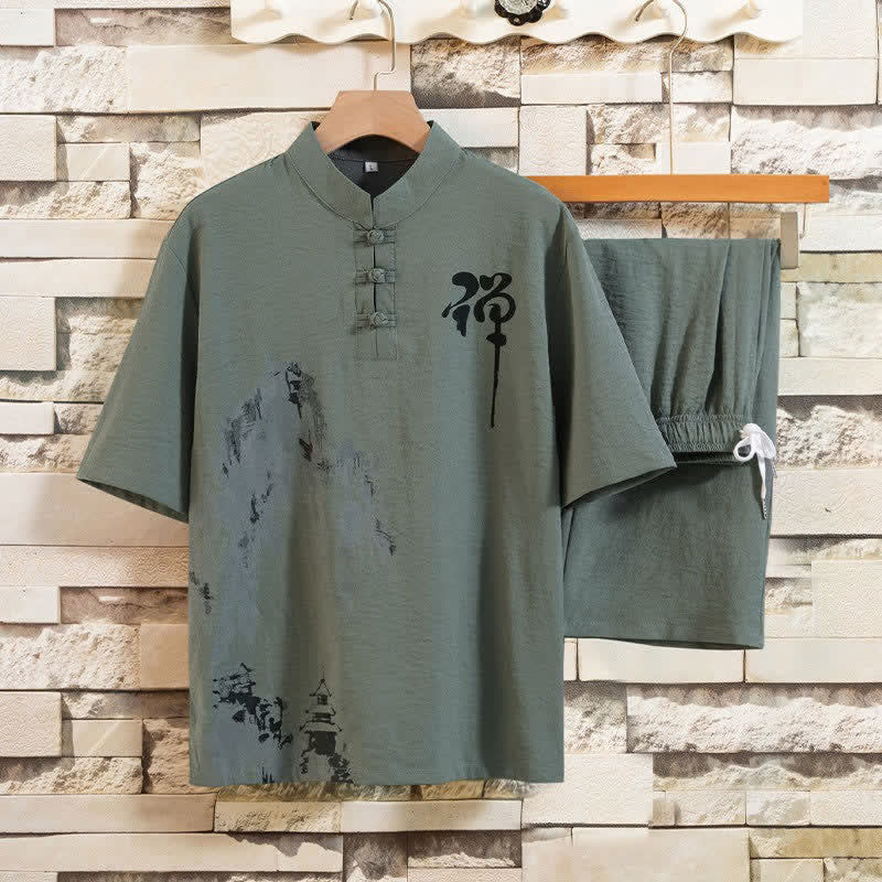 Buddha Stones Summer 2Pcs Mandarin Collar Frog Button Ink Wash Print Short Sleeve Shirt Bermuda Pants Men's Meditation Cloth With Pockets - DarkSeaGreen - US/UK/AU44，EU54 (4XL) - image 8