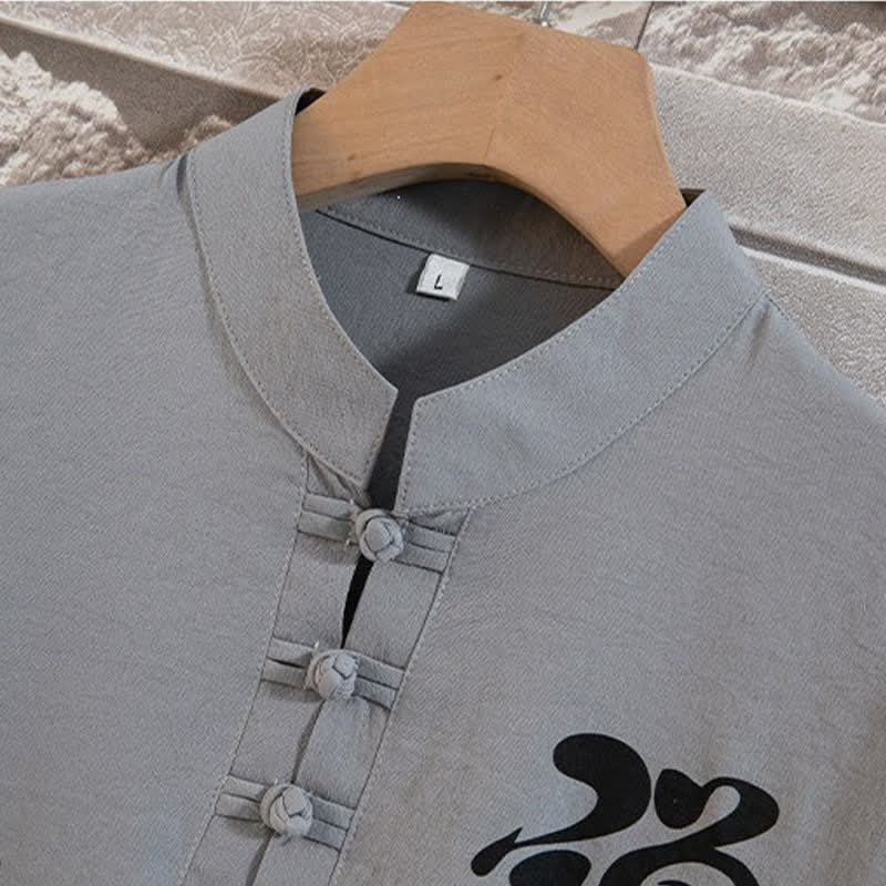 Buddha Stones Summer 2Pcs Mandarin Collar Frog Button Ink Wash Print Short Sleeve Shirt Bermuda Pants Men's Meditation Cloth With Pockets - image 2