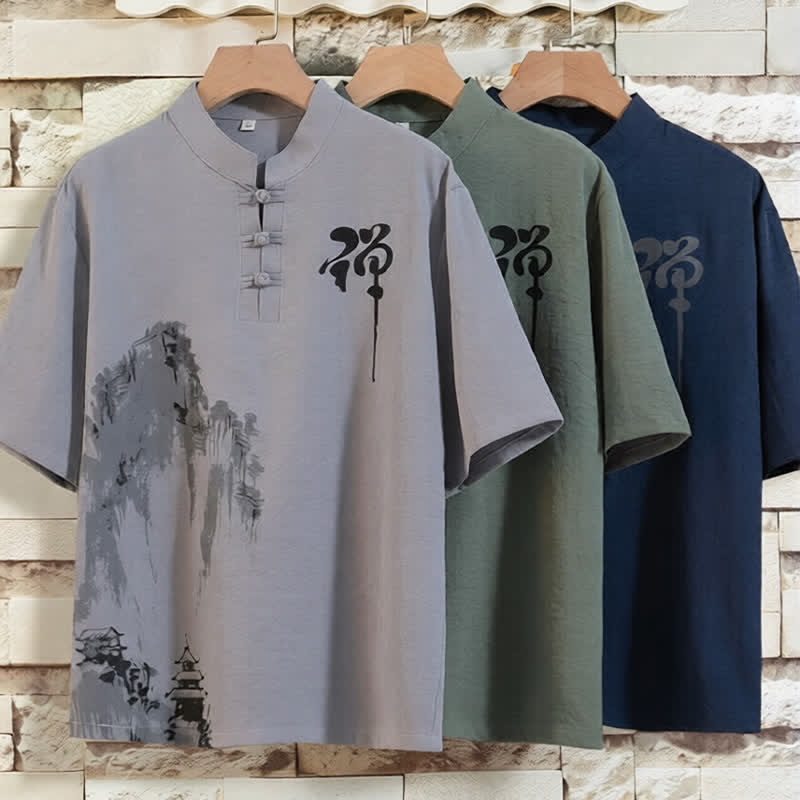Buddha Stones Summer 2Pcs Mandarin Collar Frog Button Ink Wash Print Short Sleeve Shirt Bermuda Pants Men's Meditation Cloth With Pockets - image 12