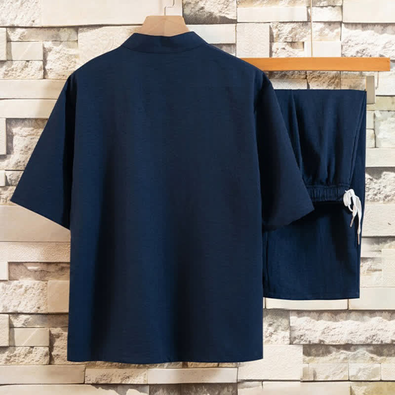 Buddha Stones Summer 2Pcs Mandarin Collar Frog Button Ink Wash Print Short Sleeve Shirt Bermuda Pants Men's Meditation Cloth With Pockets - image 11