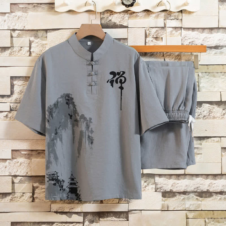 Buddha Stones Summer 2Pcs Mandarin Collar Frog Button Ink Wash Print Short Sleeve Shirt Bermuda Pants Men's Meditation Cloth With Pockets - LightSlateGray - US/UK/AU44，EU54 (4XL) - image 0