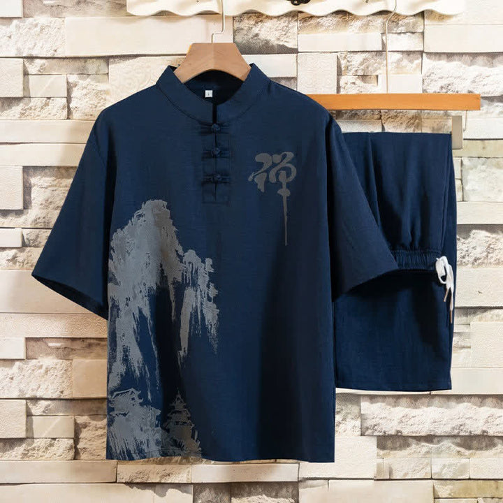 Buddha Stones Summer 2Pcs Mandarin Collar Frog Button Ink Wash Print Short Sleeve Shirt Bermuda Pants Men's Meditation Cloth With Pockets - Navy - US/UK/AU44，EU54 (4XL) - image 10