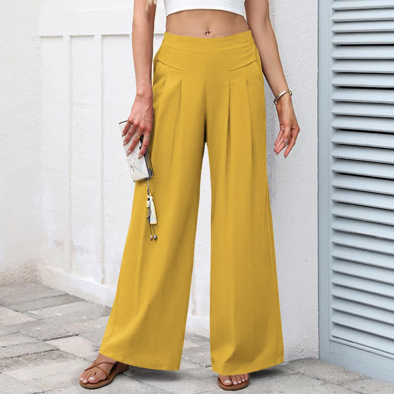 Buddha Stones Plain Color Cotton Linen High Waist Women's Wide Leg Pants With Pockets - Yellow - US16，UK/AU20，EU48 (3XL) - image 7