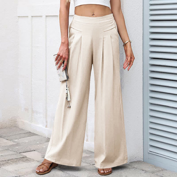 Buddha Stones Plain Color Cotton Linen High Waist Women's Wide Leg Pants With Pockets - Beige - US16，UK/AU20，EU48 (3XL) - image 13