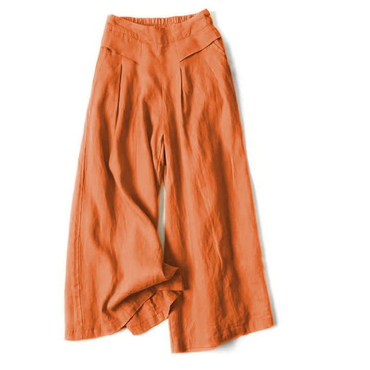 Buddha Stones Plain Color Cotton Linen High Waist Women's Wide Leg Pants With Pockets - image 18