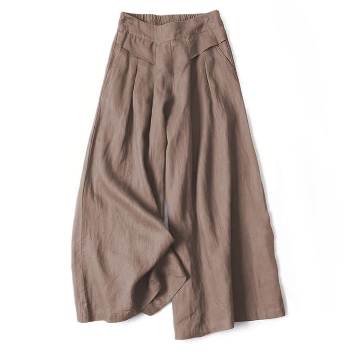 Buddha Stones Plain Color Cotton Linen High Waist Women's Wide Leg Pants With Pockets - image 10