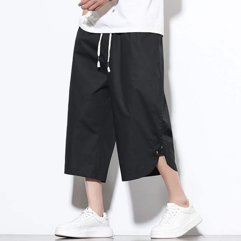 Buddha Stones Summer Casual Drawstring Side Slit Solid Cotton Men's Harem Pants With Pockets - Black - US/UK/AU48，EU58(5XL) - image 9