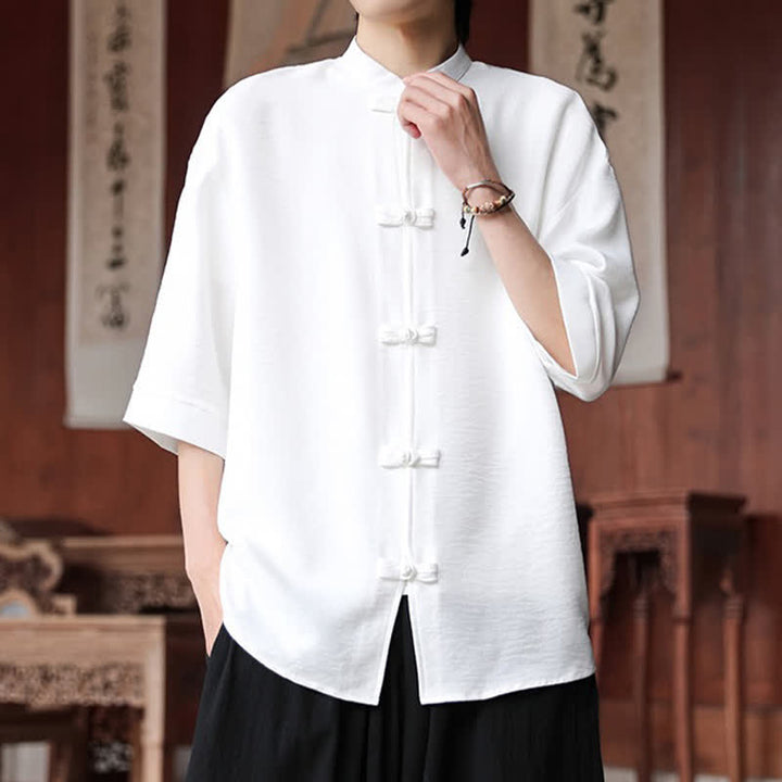Buddha Stones Summer Tang Style Mandarin Collar Frog Button Solid Men's Elbow-Length Sleeve Shirts - image 9