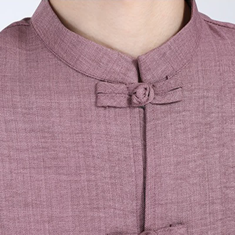 Buddha Stones Summer Tang Style Mandarin Collar Frog Button Solid Men's Elbow-Length Sleeve Shirts - image 19