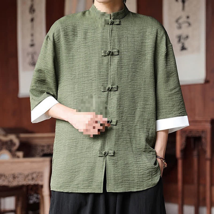 Buddha Stones Summer Tang Style Mandarin Collar Frog Button Solid Men's Elbow-Length Sleeve Shirts - image 2