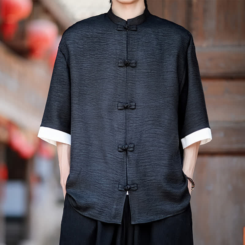 Buddha Stones Summer Tang Style Mandarin Collar Frog Button Solid Men's Elbow-Length Sleeve Shirts - Black - US/UK/AU46，EU56 (5XL) - image 10