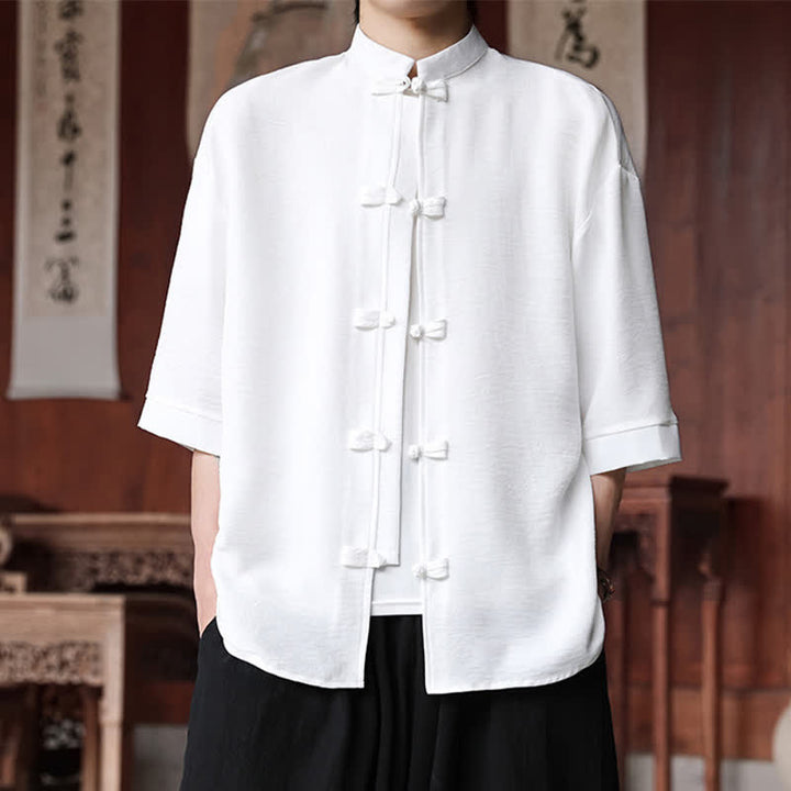 Buddha Stones Summer Tang Style Mandarin Collar Frog Button Solid Men's Elbow-Length Sleeve Shirts - White - US/UK/AU46，EU56 (5XL) - image 6