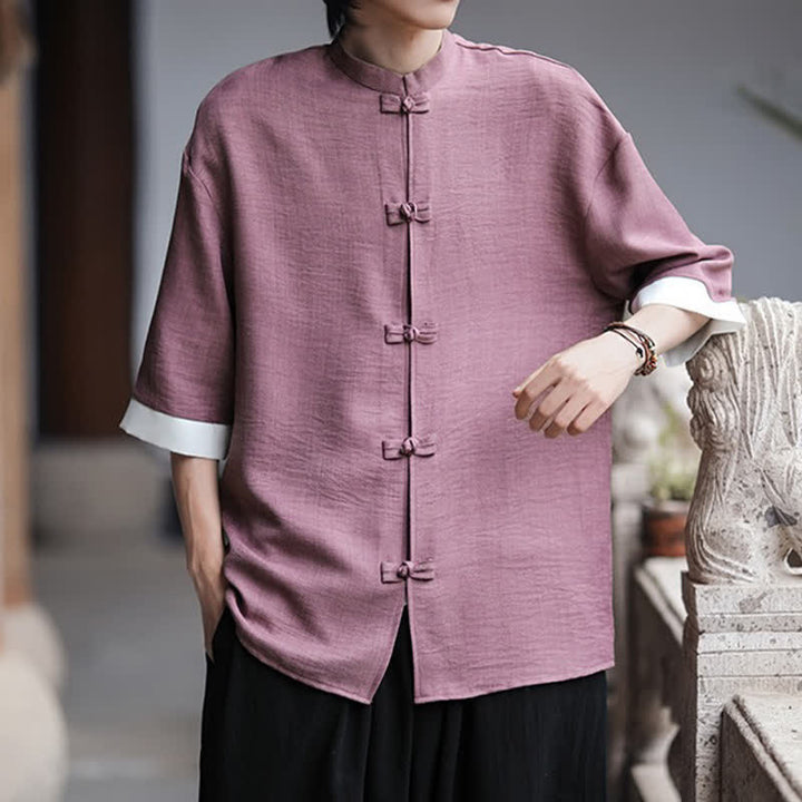 Buddha Stones Summer Tang Style Mandarin Collar Frog Button Solid Men's Elbow-Length Sleeve Shirts - image 18