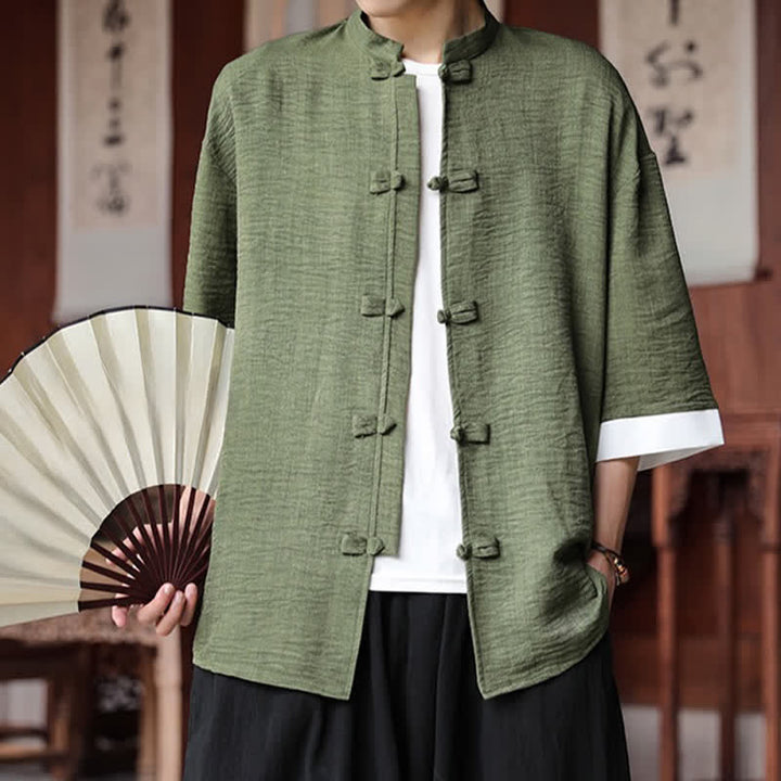 Buddha Stones Summer Tang Style Mandarin Collar Frog Button Solid Men's Elbow-Length Sleeve Shirts - image 4