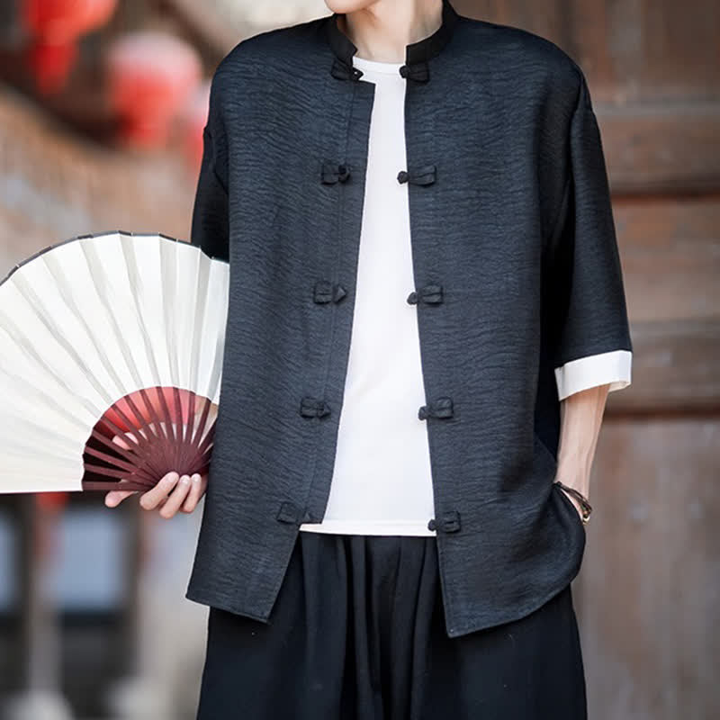 Buddha Stones Summer Tang Style Mandarin Collar Frog Button Solid Men's Elbow-Length Sleeve Shirts - image 14