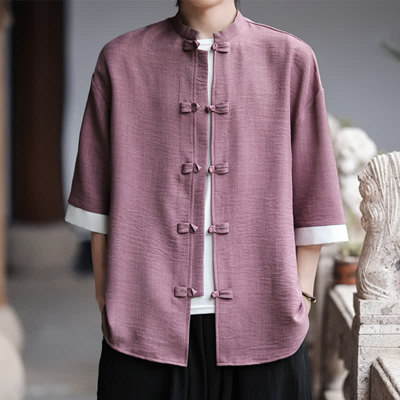 Buddha Stones Summer Tang Style Mandarin Collar Frog Button Solid Men's Elbow-Length Sleeve Shirts - image 16