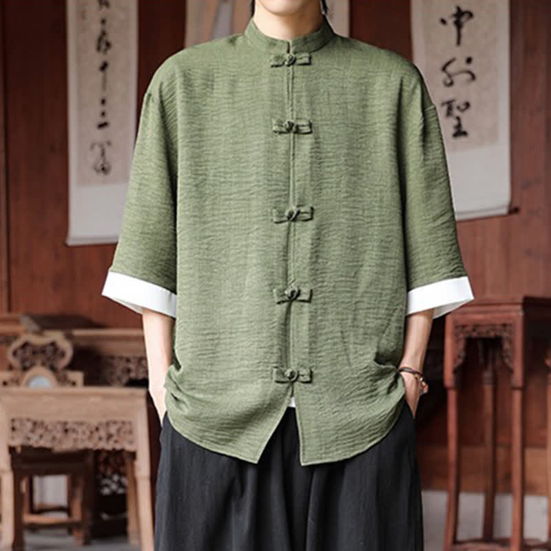 Buddha Stones Summer Tang Style Mandarin Collar Frog Button Solid Men's Elbow-Length Sleeve Shirts - OliveDrab - US/UK/AU46，EU56 (5XL) - image 0