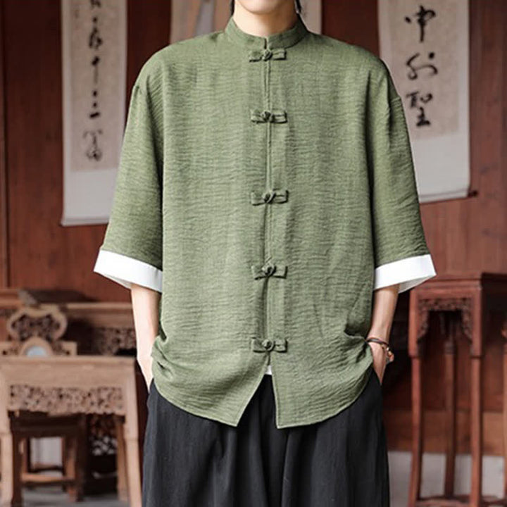 Buddha Stones Summer Tang Style Mandarin Collar Frog Button Solid Men's Elbow-Length Sleeve Shirts - OliveDrab - US/UK/AU46，EU56 (5XL) - image 0