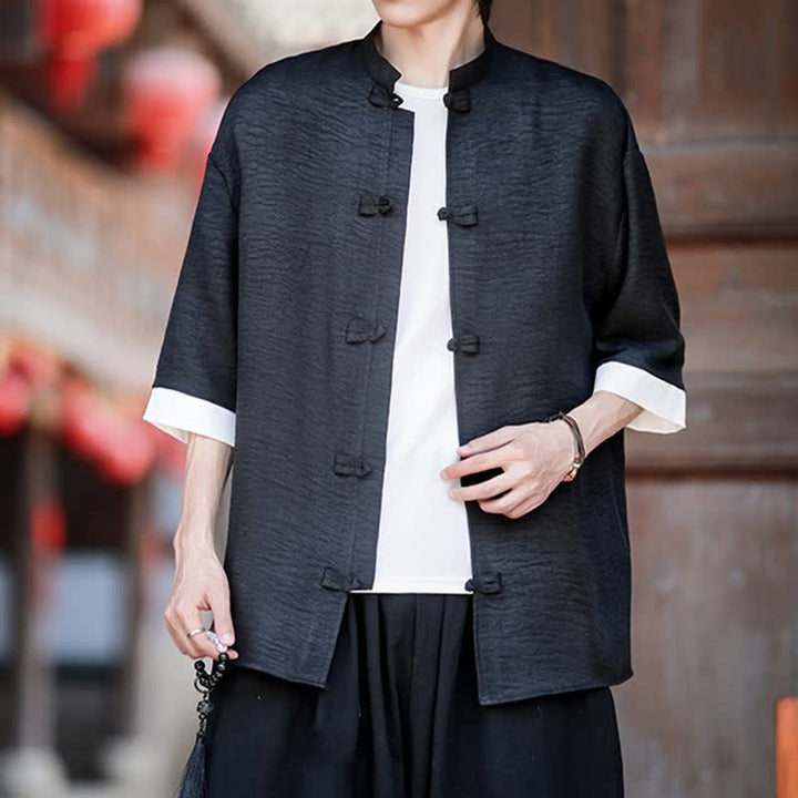 Buddha Stones Summer Tang Style Mandarin Collar Frog Button Solid Men's Elbow-Length Sleeve Shirts - image 12