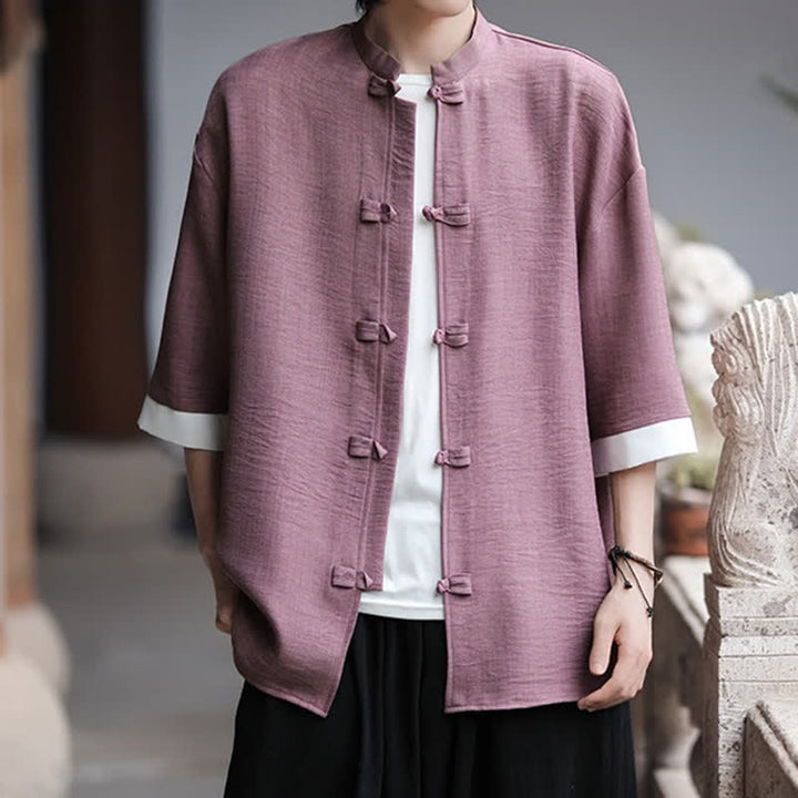 Buddha Stones Summer Tang Style Mandarin Collar Frog Button Solid Men's Elbow-Length Sleeve Shirts - image 17