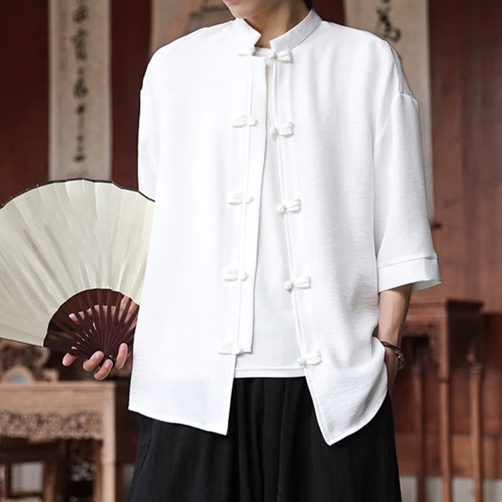 Buddha Stones Summer Tang Style Mandarin Collar Frog Button Solid Men's Elbow-Length Sleeve Shirts - image 8