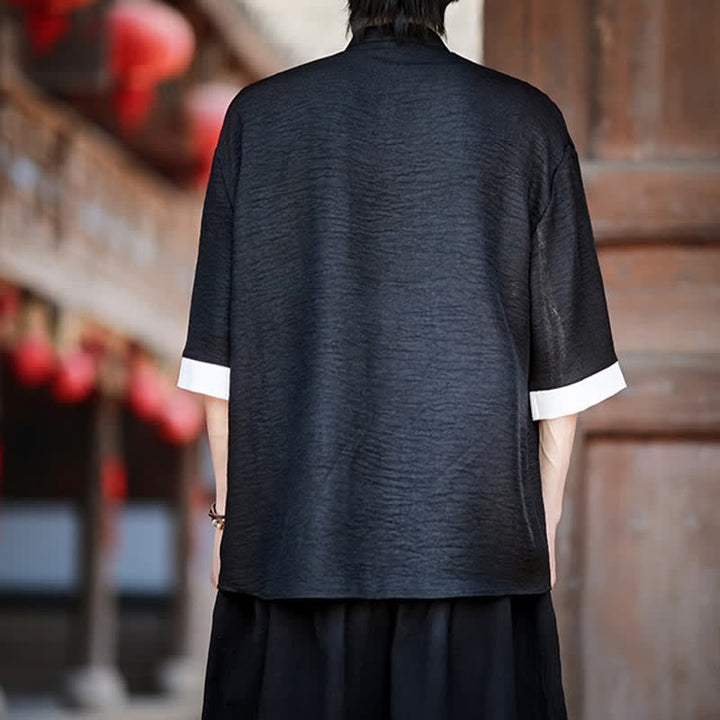 Buddha Stones Summer Tang Style Mandarin Collar Frog Button Solid Men's Elbow-Length Sleeve Shirts - image 11